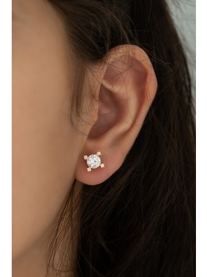 Sunshine Swarovski Zirconia Tek Taşlı Gümüş Rose Küpe 4mm