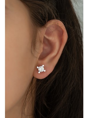 Sunshine Swarovski Zirconia Tek Taşlı Gümüş Rodyum Küpe 6mm