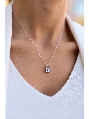 Sunshine Swarovski Taşlı Gümüş Kalpli Kilit Kolye