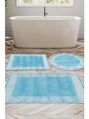 Dekoreko Kaymaz Taban Djt 3'lü Banyo Paspas Takımı Yıldız Deri Karışık Modern 1460 Mavi