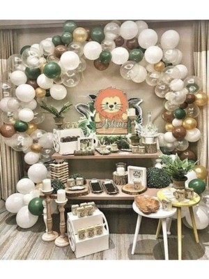 Eğlence Marketi Safari Temalı Yeşil Beyaz Şeffaf Gold Kahverengi Balon Zinciri 100 Adet
