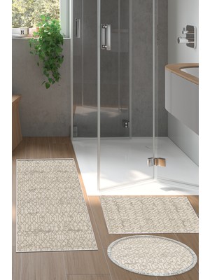 Dekoreko Kaymaz Taban Djt 3'lü Banyo Paspas Takımı Yıldız Deri Karışık Modern 757 Vizon