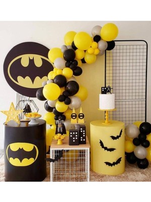 Eğlence Marketi Pastel Sarı Siyah Gri Batman Konsept Balon Zincir