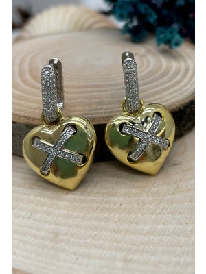 Sunshine 925 Ayar Gümüş Zirkon Taşlı Çift Renk Kalp Küpe