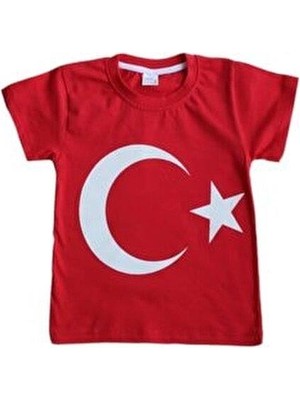 Modavals 23 Nisan 19 Mayıs 29 Ekim 10 Kasım Okul Gösteri Unisex Garson Boy Ay Yıldız Baskılı Kısa Kol Tshirt - Kırmızı