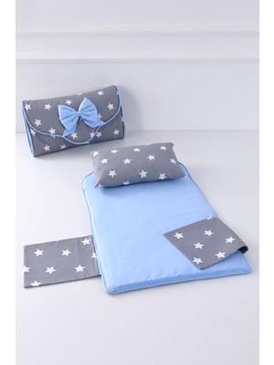 Oeko-Tex Belgeli Pamuk Bebek Çantalı Yastıklı Alt Açma Seti, 40x72 cm, Gri-Beyaz Yıldız Desen, Dayanıklı