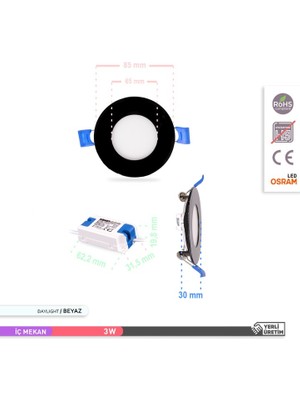 Ack Sıva Altı Yuvarlak LED Panel Armatür Siyah Gövde 6500K Günışığı 3W