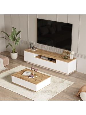 Robin Home Loft Tv Ünitesi Orta Sehpa 2'li Set Çam-Beyaz