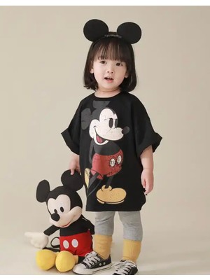 Kids Face Özel Tasarım Bisiklet Yaka Mickey Mouse Baskılı %100 Pamuk Kız Çocuk T-Shırt