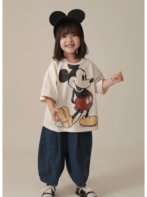 Kids Face Özel Tasarım Bisiklet Yaka Mickey Mouse Baskılı %100 Pamuk Kız Çocuk Trend T-Shırt
