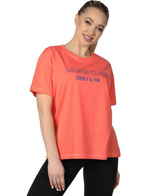 defy's Kadın Baskılı Kısa Kollu Bisiklet Yaka Oversıze Oversıze Tişört Nar Çiçeği