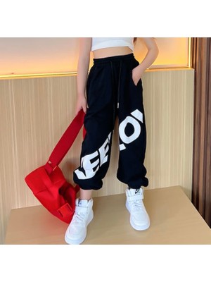 Kids Face Özel Tasarım Motto Baskılı %100 Pamuk Sokak Stili Hip Hop Yazlık Kız Çocuk Şalvar Eşofman Altı