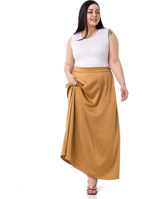 Disentis Modest Büyük Beden Beli Arkadan Lastikli Kloş Saten Uzun Camel Etek