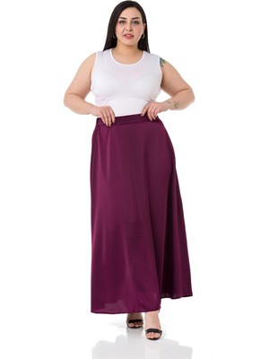 Disentis Modest Büyük Beden Beli Arkadan Lastikli Kloş Saten Uzun Mürdüm Etek