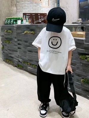 Kids Face Özel Tasarım Bisiklet Yaka Emoji Gülen Yüz Baskılı %100 Pamuk Erkek Çocuk T-Shırt