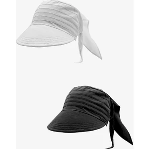 Kadın Bağlamalı Siperli Eşarp Bandana Plaj Şapkası 2li Paket Siyah+Beyaz