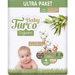 Baby Turco Doğadan Cırtlı Bebek Bezi 4'lü Fırsat Paketi 4 Numara 8-14 Kg 104 Adet