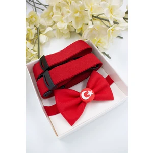 Türk Bayrağı Figürlü  Ayarlanabilen Kırmızı Erkek Çocuk Papyon ve Askı Seti-23 Nisan'a Özel