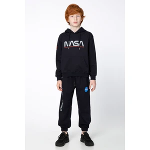 Black One Erkek Çocuk Unisex  Nasa Baskı Detaylı Oversize Kapüşonlu Çocuk Eşofman Takımı