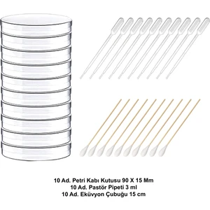 Petri Kabı Kutusu 90X15 mm 10 Ad + Pastör Pipeti 3 ml 10 Ad + Eküvyon Çubuğu 15 cm 10 Ad - 30’lu Set