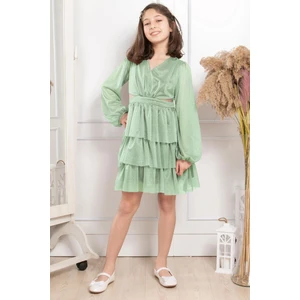 Fırfırlı Simli Tül Çocuk Abiye Çağla Yeşili MDV308