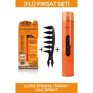 Saç Şekillendirici Pudra Toz Wax Ultra Strong Turuncu + Şekil Tarağı + Saç Spreyi 3'Lü Set
