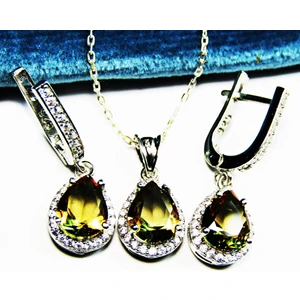 Lilah Gümüş Tr 925AYAR Gümüş Zultanit Damla Oval Mekik Kolye Küpe