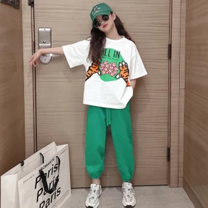 Kids Face Özel Tasarım All In Kaplan Pençesi Baskılı %100 Pamuk Hip Hop Kısa Kollu Yazlık Kız Çocuk Eşofman Takımı