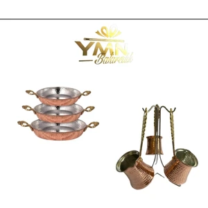 Ymn Bakırcılık Bakır 3 Boy Tava Seti 14-16-18 cm + 3 Boy Bakır Cezve Seti 2-3-4 Fincanlık