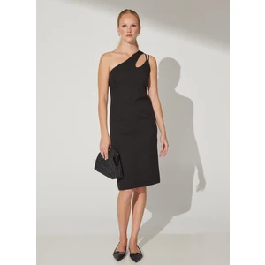 Siyah Kadın Midi Dar Tek Omuz Elbise MISU