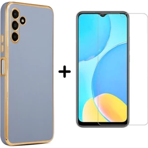 Samsung Galaxy A04S Uyumlu Kenarları Parlak Altın Renkli Kılıf ve Temperli Cam Ekran Koruyucu