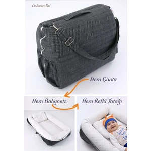 Çantalı Taşınabilir Orijinal Yatağı, Yastığı, Babynest, Anne Çantası - Dokuma Gri