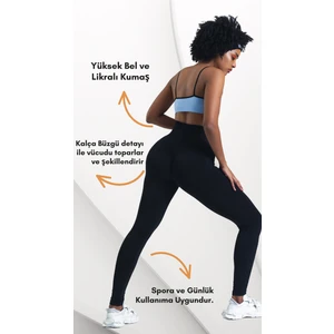 Siyah Yüksek Bel Kalçası Büzgülü Tayt