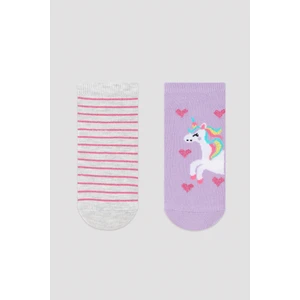 Kız Çocuk Lila Unicorn Kalp Desenli 2li Patik Çorap
