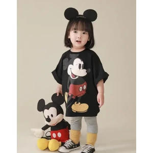 Kids Face Özel Tasarım Bisiklet Yaka Mickey Mouse Baskılı %100 Pamuk Kız Çocuk T-Shırt