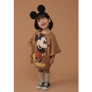 Kids Face Özel Tasarım Bisiklet Yaka Mıckey Mouse Baskılı %100 Pamuk Kız Çocuk Trend T-Shırt