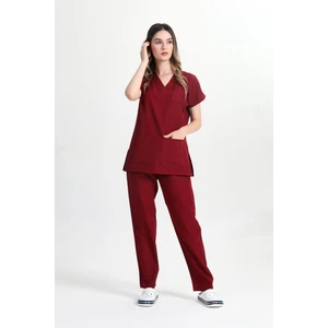 Likralı Pamuk Yarasakol Doktor Hemşire Scrubs Forma Takımı Bordo