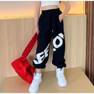 Kids Face Özel Tasarım Motto Baskılı %100 Pamuk Sokak Stili Hip Hop Yazlık Kız Çocuk Şalvar Eşofman Altı