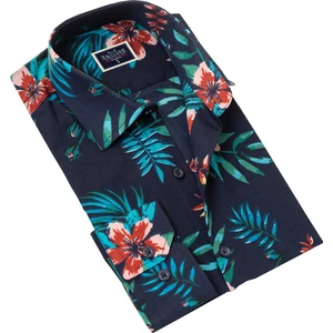 Exve Exclusive Lacivert Üzerine Nar Çiçeği Tropikal Baskılı Slim Fit Nefes Alan Yazlık Pamuk Gömlek