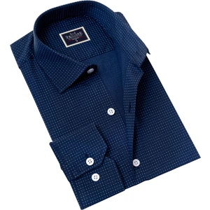 Exve Exclusive Lacivert Üzeri Beyaz Puantiye Baskılı Slim Fit Nefes Alan Yazlık Pamuk Gömlek