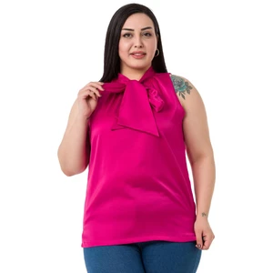Disentis Modest Büyük Beden Yakası Fularlı Yanı Yırtmaçlı Saten Fuşya Bluz