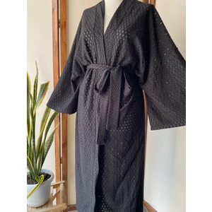 Fisto Kumaş Siyah Rengi Uzun Kadın Kimono