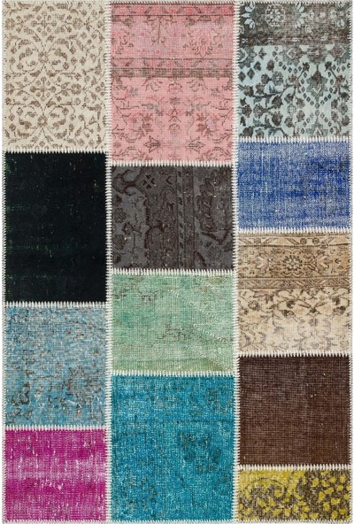 Bespoky Patchwork Bej Patchwork Yün ve Pamuk El Dokuma Oda Salon Halısı