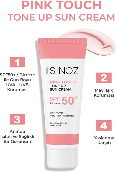 Sinoz SPF50+ Pink Touch Ton Eşitleyici Pembe Yüz Güneş Kremi PA++++ 50ML