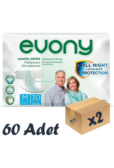 Evony Bel Bantlı Yetişkin Hasta Bezi Medium 30'Lu 2 Paket 60 Adet