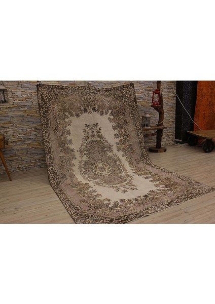 Vintage Kahverengi Göbekli Yün ve Pamuk El Dokuma Oda Salon Halısı
