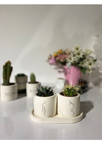 Tabaklı Minimal Kadın El Çizimi Dekoratif Kalemlik ve Ya Saksı Seti (Çiçeksiz)