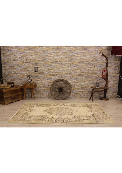Vintage Kahverengi Göbekli Yün ve Pamuk El Dokuma Oda Salon Halısı