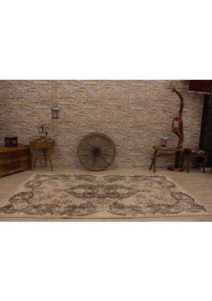 Vintage Kahverengi Göbekli Yün ve Pamuk El Dokuma Oda Salon Halısı fırsatları