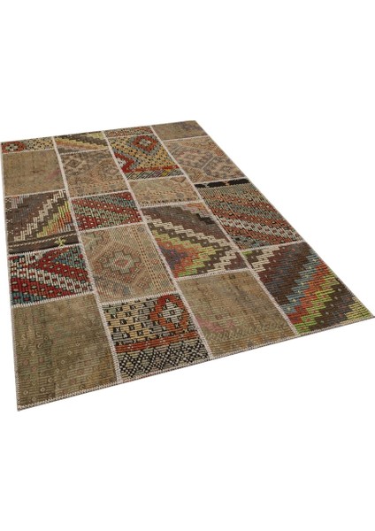 Patchwork Kahverengi Patchwork Yün ve Pamuk El Dokuma Oda Salon Halısı